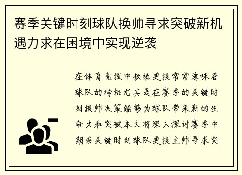 赛季关键时刻球队换帅寻求突破新机遇力求在困境中实现逆袭