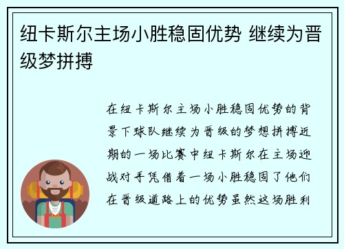 纽卡斯尔主场小胜稳固优势 继续为晋级梦拼搏