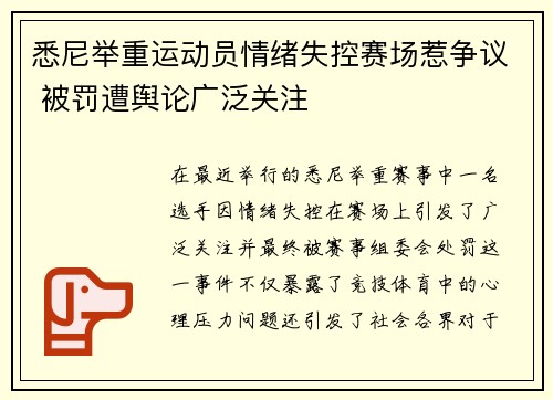 悉尼举重运动员情绪失控赛场惹争议 被罚遭舆论广泛关注