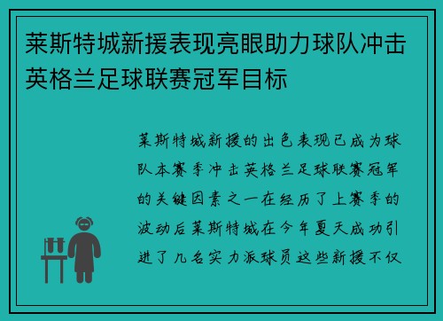 莱斯特城新援表现亮眼助力球队冲击英格兰足球联赛冠军目标