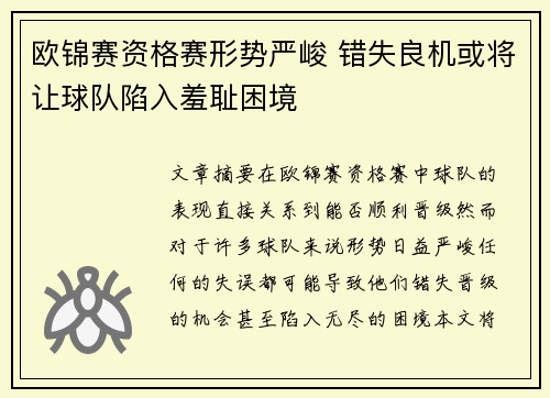 欧锦赛资格赛形势严峻 错失良机或将让球队陷入羞耻困境