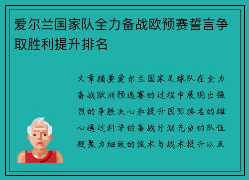 爱尔兰国家队全力备战欧预赛誓言争取胜利提升排名