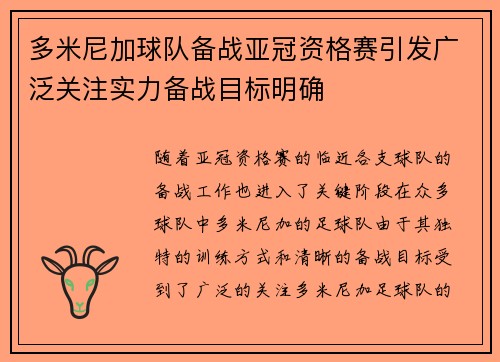 多米尼加球队备战亚冠资格赛引发广泛关注实力备战目标明确